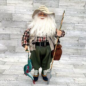 Christmas 17" Fishing Santa Décor w/ Rod, Storage Basket, & 3 Caught Fish